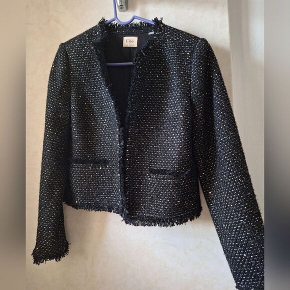 Elie Tahari Sz 8 Shimmer Metallic  Black Gold tweed jacket - Picture 1 of 12